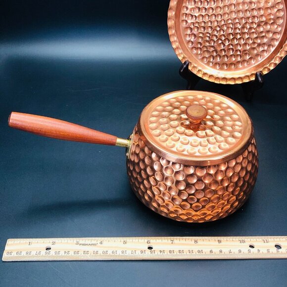 Vintage Hammered Copper Fondue Pot with Lid and Underplate Set MCM Teak Handle - Picture 7 of 10